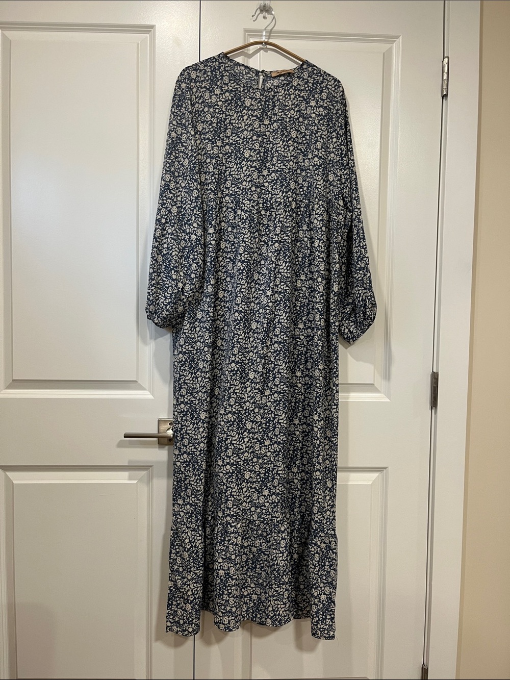 Floral Print Long Sleeve Maxi Dress - Blue/White